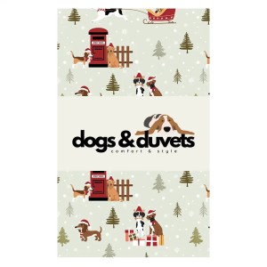 Dogs & Duvets Dog Bed Cover in Santa Paws Express Print Packaging